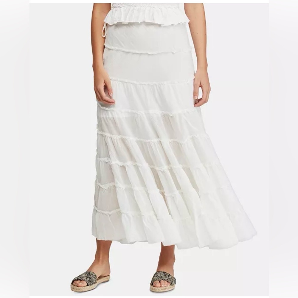 Free People Ivory Tiered Bohemian Cotton Maxi Skirt Size 12